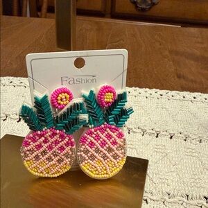 Beaded Pineapple Statement Earrings - Pink, Yellow, Teal